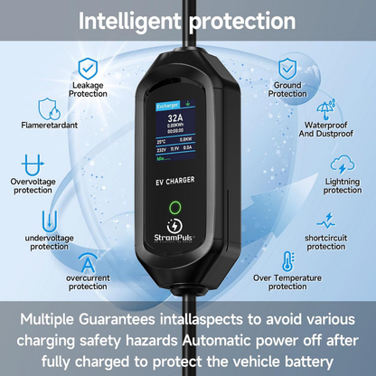 StromPuls 7.2 kW Portable EV Charger|App with WIFI BT, 5m Cable| 32A Single Phase| 2.6" LargeScreen|Adjustable Current|carrying Bag|Wall Holder Clips| CE UKCA FCC Certified|