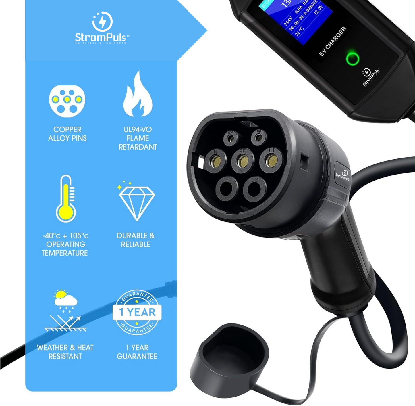 StromPuls 3.6KW 16A PORTABLE CHARGER I 8A to 16A Variable | Up to 3.6kw | Type 2 | 3 Pin | 5 Metre | LCD Screen | Indian 3-pin | Free Carry Bag