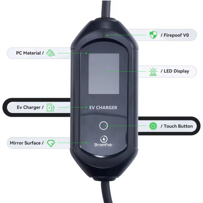 StromPuls 3.6KW 16A PORTABLE CHARGER I 8A to 16A Variable | Up to 3.6kw | Type 2 | 3 Pin | 5 Metre | LCD Screen | Indian 3-pin | Free Carry Bag